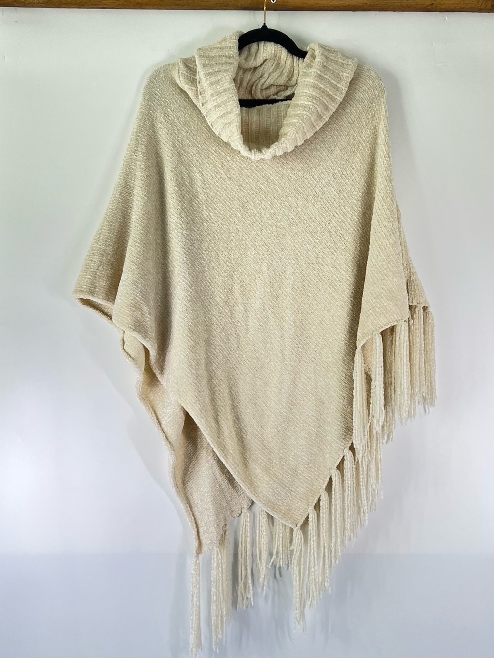 Britts Knits Soft Chenille Cream Fringe Poncho Cowl Neck One Size minimal Boho